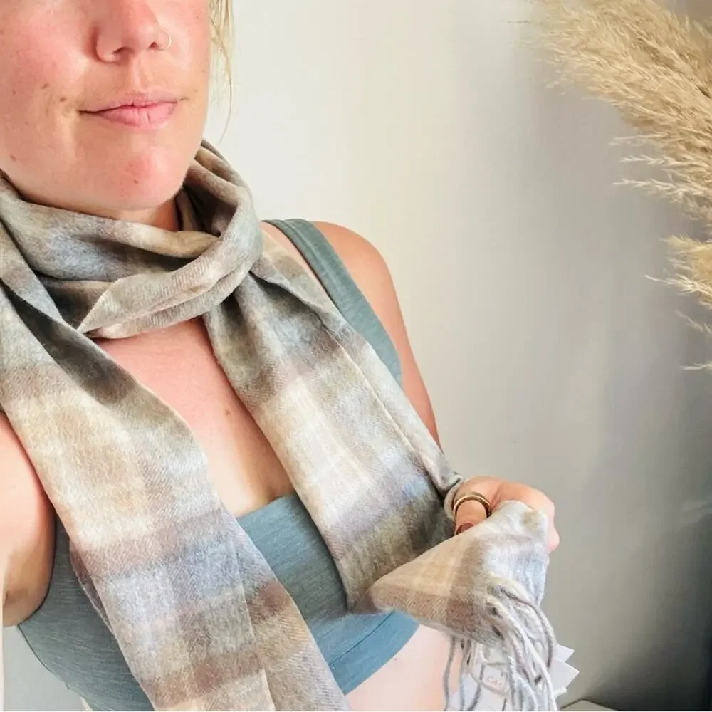 NEW EDINBURGH Beige Soft Blue Tan Cashmere Tartan Plaid Tassel Cozy Scarf Wrap